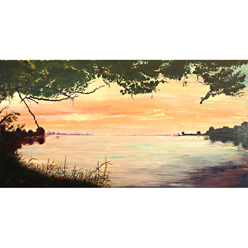 Acrylzeichnung: Abendsonne an der Schlei bei Kappeln, Acryl auf Holzmalgrund, 100x50cm