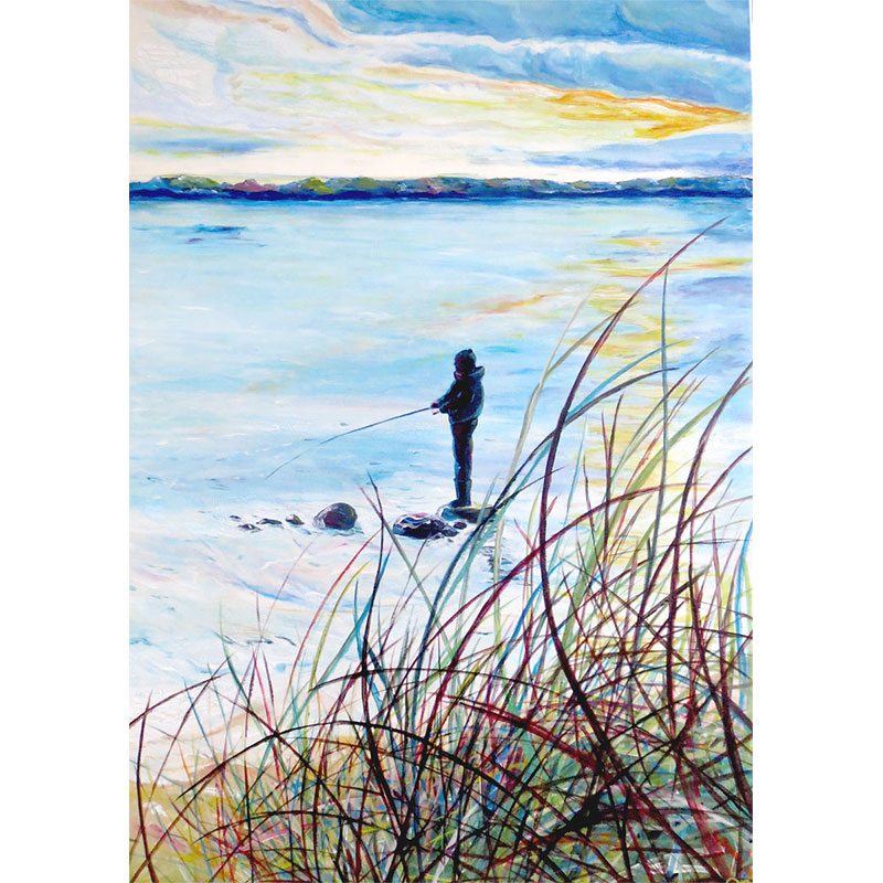 Acrylzeichnung: Angler am Strand von Schönhagen, Acryl auf Holzmalgrund, 70x100cm